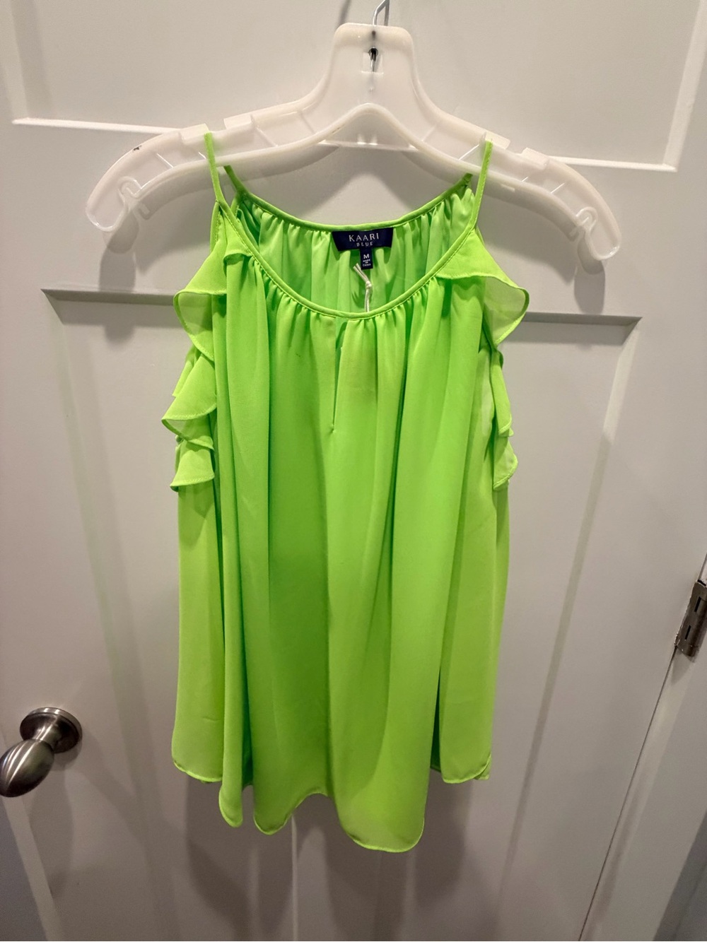 NWT Kaari Blue M Lime Green Cold Shoulder Ruffle Flowy Tunic Top